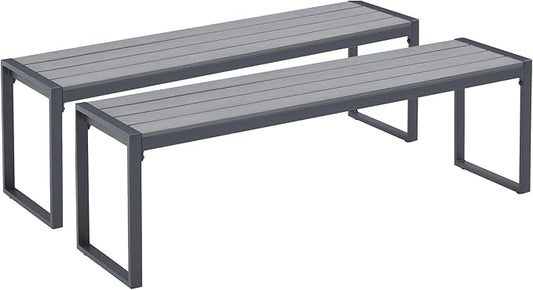 VICLLAX Garden Bench, 2 Pieces Outdoor Patio Wooden Bench with Weather-Resistant Steel Metal Frame, Patio Seating for Front Porch Backyard Park Outside, Dark Grey