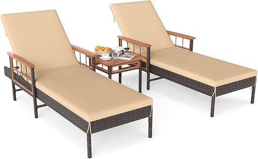 Tangkula 3 Pieces Patio Chaise Lounge Set, 2 Rattan Lounge Chairs with 4-Level Adjustable Backrest, Acacia Wood Armrests & Side Table, Wicker Reclining Chair Set with Cushions for Backyard, Poolside