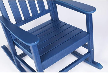 Outdoor Rocking Chair Set with Side Table, 3-Piece Rocking Chair Set with Wood-Texture,All Weather-Resistant,Black (Navy Blue + Plastic-1)