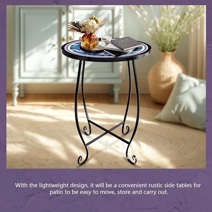 15 Inch Tall Outdoor Side Table, Metal Patio End Table with Twin Koi Fish Pattern, Rust Proof Black Small Garden Stool for Deck, Coastal Decor & Mermaid Table Gift