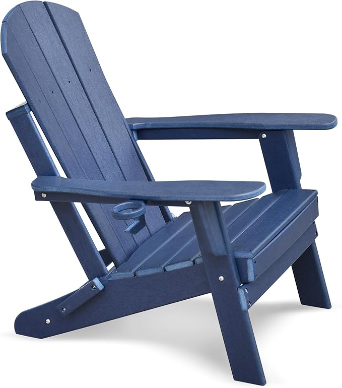 ATR ART TO REAL Folding Adirondack Chairs, HDPE Weather Resistant Outdoor Firepit Chairs with Cup Holder, Patio Folding Chairs for Garden, Lawn, Backyard, Deck, Fire Pit(Navy Blue)