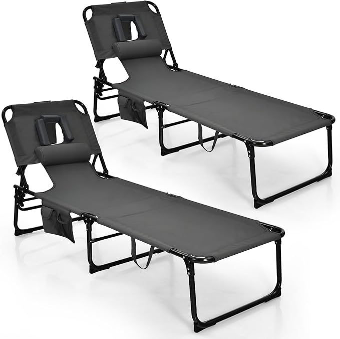 Goplus Tanning Chair, Folding Adjustable Patio Lounge Chair with Face Hole, Removable Pillow, 330LBS, Carry Strap, Outdoor Sunbathing Chair, Lightweight Portable Beach Lounge Chair, No Assembly
