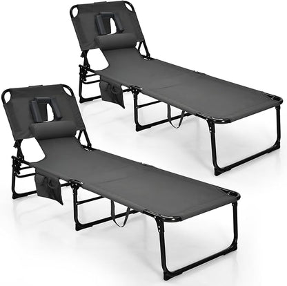 Goplus Tanning Chair, Folding Adjustable Patio Lounge Chair with Face Hole, Removable Pillow, 330LBS, Carry Strap, Outdoor Sunbathing Chair, Lightweight Portable Beach Lounge Chair, No Assembly