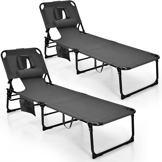 Goplus Tanning Chair, Folding Adjustable Patio Lounge Chair with Face Hole, Removable Pillow, 330LBS, Carry Strap, Outdoor Sunbathing Chair, Lightweight Portable Beach Lounge Chair, No Assembly