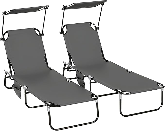 Outsunny Folding Chaise Lounge Pool Lounge Chairs Set of 2, Outdoor Sun Tanning Chairs with Canopy Shade, Reclining Back - Photo 1