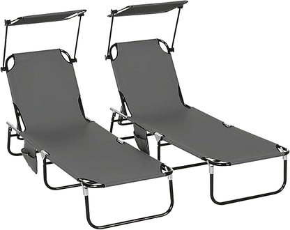 Outsunny Folding Chaise Lounge Pool Lounge Chairs Set of 2, Outdoor Sun Tanning Chairs with Canopy Shade, Reclining Back, Steel Frame and Side Pocket for Beach, Yard, Patio, Dark Gray