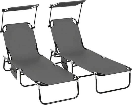 Outsunny Folding Chaise Lounge Pool Lounge Chairs Set of 2, Outdoor Sun Tanning Chairs with Canopy Shade, Reclining Back, Steel Frame and Side Pocket for Beach, Yard, Patio, Dark Gray