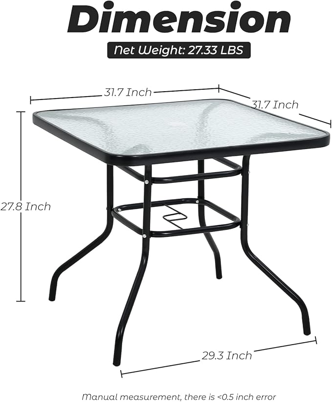 Patio Table Patio Dining Table Bistro Table Rectangular Furniture Outdoor Patio Coffee Small Balcony End Outside Console Umbrella Hole Tempered Glass Conversation Black