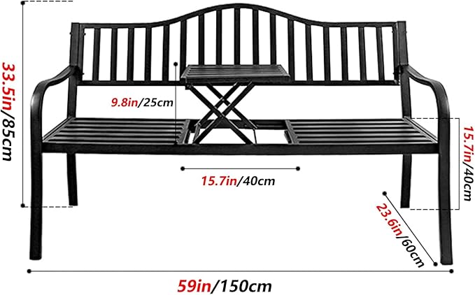 Outdoor Metal Garden Bench with Pull-Out Table, Cast Iron Steel Frame Loveseat with Backrest & Armrests, Perfect for Patio, Yard, or Park (White)