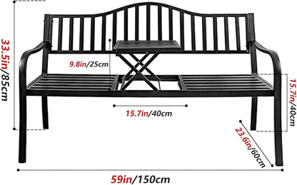 Outdoor Metal Garden Bench with Pull-Out Table, Cast Iron Steel Frame Loveseat with Backrest & Armrests, Perfect for Patio, Yard, or Park (White)