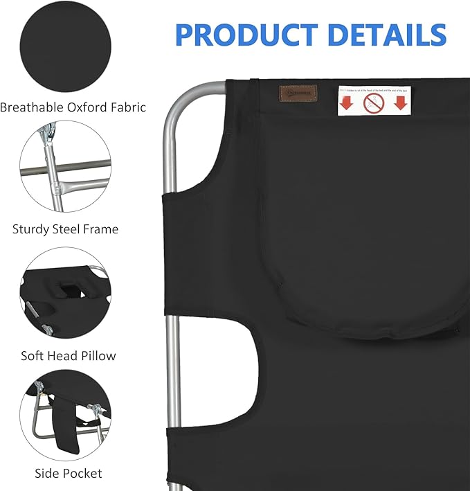 Folding Beach Lounge Chair with Face Hole and Arm Slots, 5-Level Adjustable Sun Lounger Tanning Chair with Pillow for Patio, Garden, Beach, Pool (Black)