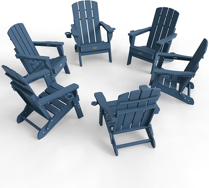 Folding Adirondack Chair 6 Pack, HDPE All-Weather Fire Pit Chairs, Plastic Adirondack Chairs with 2 Cup Holder, Outdoor Lawn Chair for Patio Garden (New Blue)