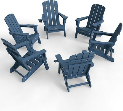 Folding Adirondack Chair 6 Pack, HDPE All-Weather Fire Pit Chairs, Plastic Adirondack Chairs with 2 Cup Holder, Outdoor Lawn Chair for Patio Garden (New Blue)