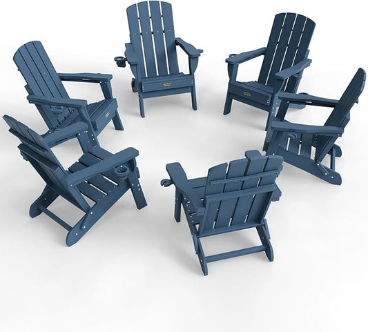 Folding Adirondack Chair 6 Pack, HDPE All-Weather Fire Pit Chairs, Plastic Adirondack Chairs with 2 Cup Holder, Outdoor Lawn Chair for Patio Garden (New Blue)