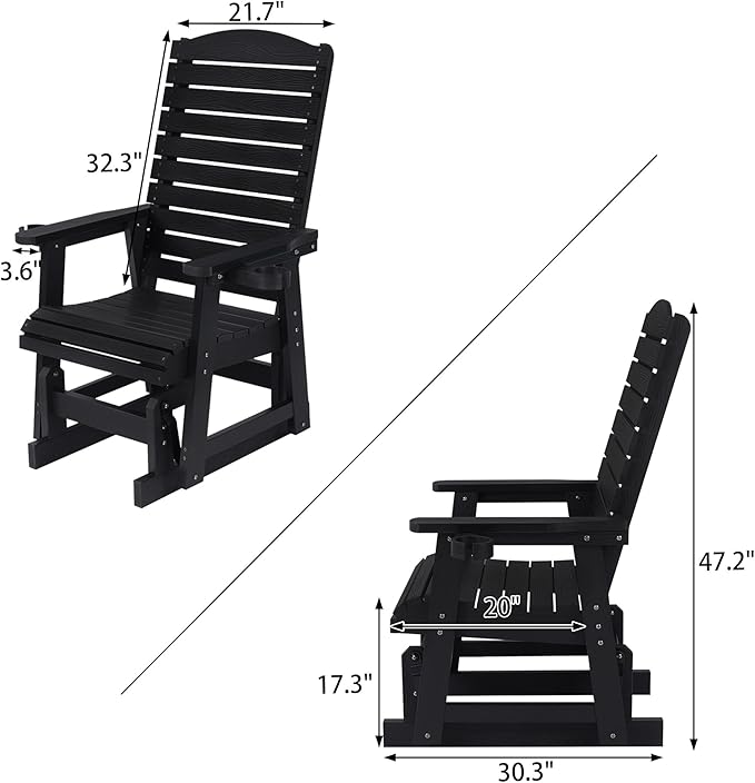 Poly Lumber Patio Glider for One Person, with Cup Holders, High Backrest and Deep Contoured Seat, HIPS Material, All-Weather Resistant, Heavy Duty 700 Pounds (Black)