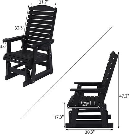 Poly Lumber Patio Glider for One Person, with Cup Holders, High Backrest and Deep Contoured Seat, HIPS Material, All-Weather Resistant, Heavy Duty 700 Pounds (Black)