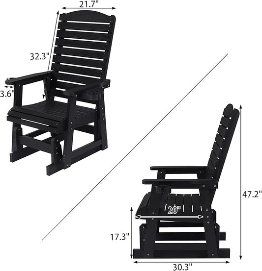 Poly Lumber Patio Glider for One Person, with Cup Holders, High Backrest and Deep Contoured Seat, HIPS Material, All-Weather Resistant, Heavy Duty 700 Pounds (Black)