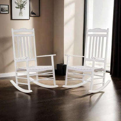 Outdoor Patio Wooden Rocking Chairs Set 2 Piece, Furniture Comfy Rockers for Adults Porch Lawn Room Outside Indoor, White