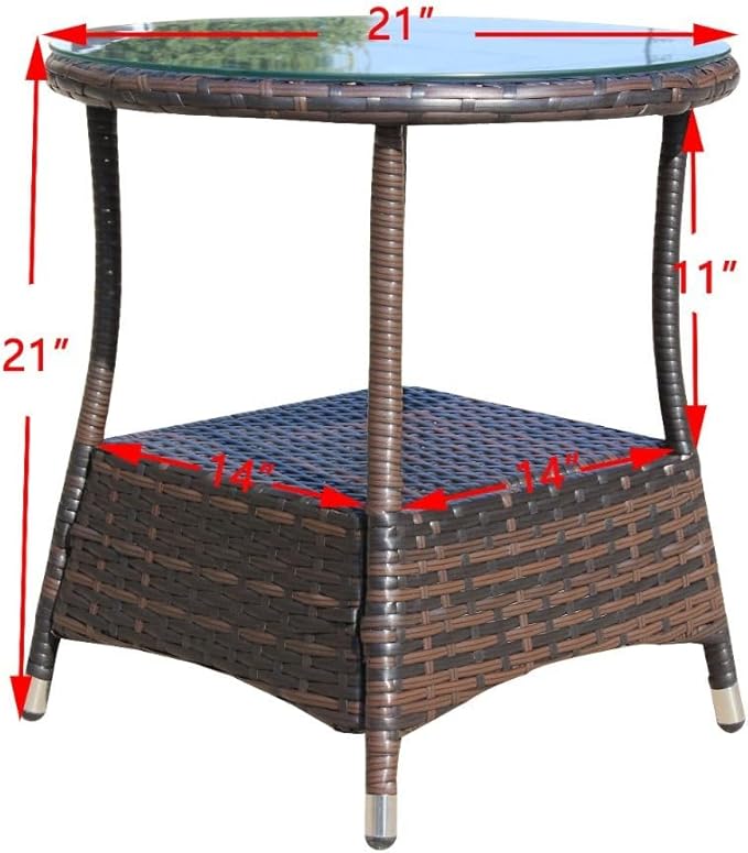 Outdoor Wicker Side Table with Glass Top, 21" Round Patio End Table, All-Weather PE Rattan Coffee Table for Garden, Balcony, Poolside, 120lbs Capacity, Easy Assembly