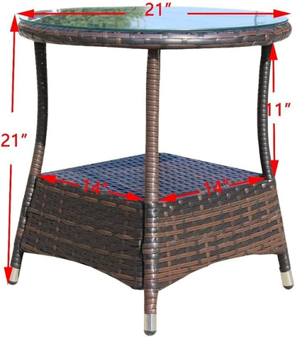Outdoor Wicker Side Table with Glass Top, 21" Round Patio End Table, All-Weather PE Rattan Coffee Table for Garden, Balcony, Poolside, 120lbs Capacity, Easy Assembly