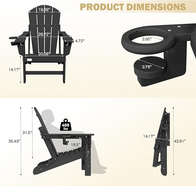 Mdeam 3-Position Adjustable Adirondack Chair, 400LBS Capacity, Cup Holder, Wooden Textured, All-Weather HDPE Folding Fire Pit Outdoor Chairs for Poolside Deck Patio Garden Yard Lawn Campfire - Black