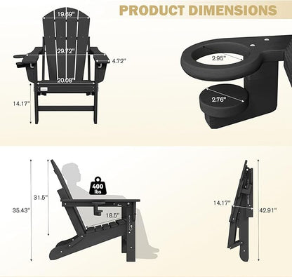 Mdeam 3-Position Adjustable Adirondack Chair, 400LBS Capacity, Cup Holder, Wooden Textured, All-Weather HDPE Folding Fire Pit Outdoor Chairs for Poolside Deck Patio Garden Yard Lawn Campfire - Black