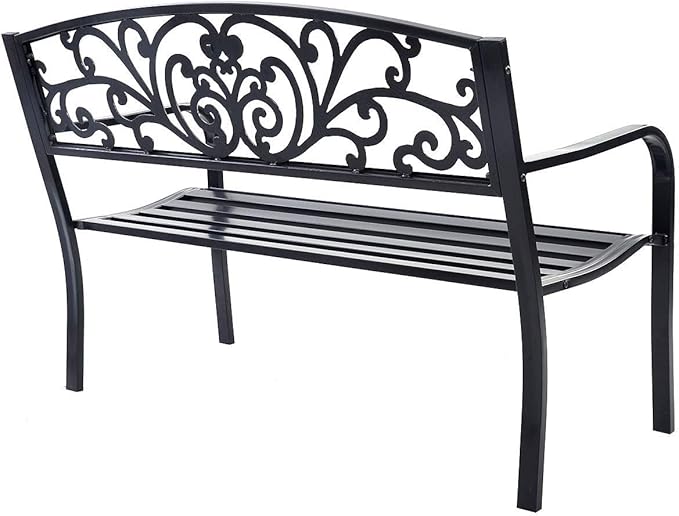 Wenst'sKufAN 50" Patio Garden Bench Park Patio Yard Furniture Decor Powder-Coated Cast Iron Black