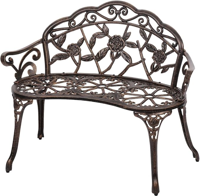 Metal Outdoor Bench Garden Bench Patio Park Bench Porch Bench with Armrests Floral Rose Accent for Indoor/Outdoor Garden Patio Porch,Bronze