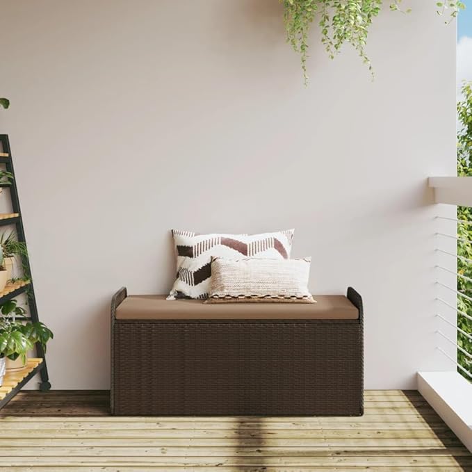 Storage Bench Brown PE Rattan, Powder-Coated Steel Frame, Foam Medium Cushion, 2-Seater Outdoor Patio Furniture, Weatherproof Garden Bench Patio Bench