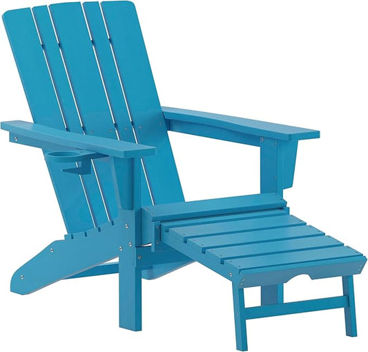 Flash Furniture Halifax Poly Resin Adirondack Chair with Cup Holder and Pull Out Ottoman, All-Weather Poly Resin Indoor/Outdoor Lounge Chair, Blue