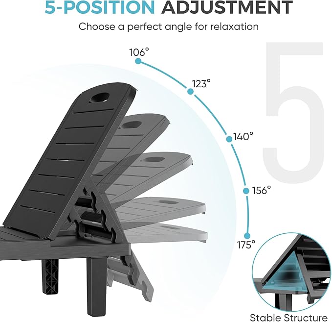Outdoor Chaise Lounge Set of 6, 5-Position Adjustable Sun Lounge w/Pull-Out Tray, Waterproof PP Lounge Chairs for Outside, Lounge Chairs for Poolside, Patio, Beach, Yard in All Weather,Black