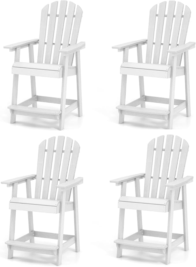 Giantex Tall Adirondack Chair Set of 4, HDPE Outdoor Bar Stools with Armrests, 4.5” Wide Footrest, Patio Adirondack Barstools, All-Weather Balcony Chairs for Poolside, Garden, Backyard (White)