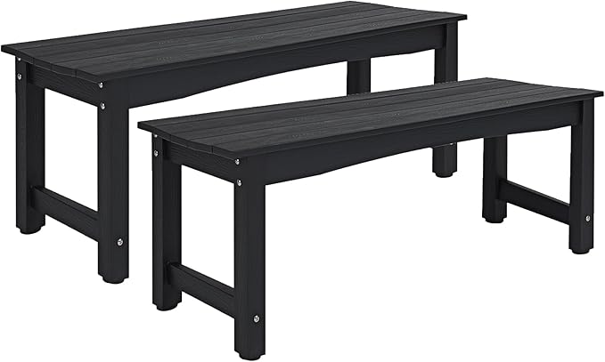 Weatherproof HIPS Outdoor Bench, 2-Person Patio Dining Bench, All-Weather Poly Lumber Garden Bench, Never Rot or Fade, Park Bench with Wood Grains for Porch, Deck, Entryway, Black, 2 Pack