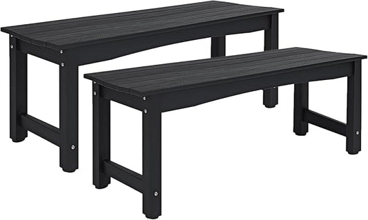 Weatherproof HIPS Outdoor Bench, 2-Person Patio Dining Bench, All-Weather Poly Lumber Garden Bench, Never Rot or Fade, Park Bench with Wood Grains for Porch, Deck, Entryway, Black, 2 Pack