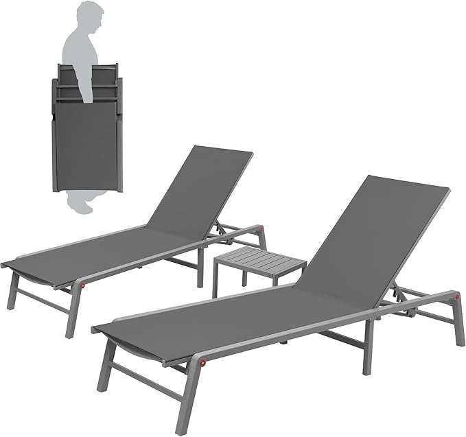 Kozyard 3-Pieces Patio Lounge Set, 2 Foldable Adjustable Lounge Chairs and Side Table, Aluminum Frame - Photo 8