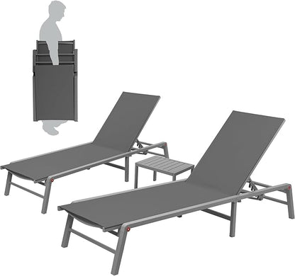 Kozyard 3-Pieces Patio Lounge Set, 2 Foldable Adjustable Lounge Chairs and Side Table, Aluminum Frame, Breathable Textilene Fabric, Assemble-Free, Reclining to Flat for Pool, Beach (Gray)