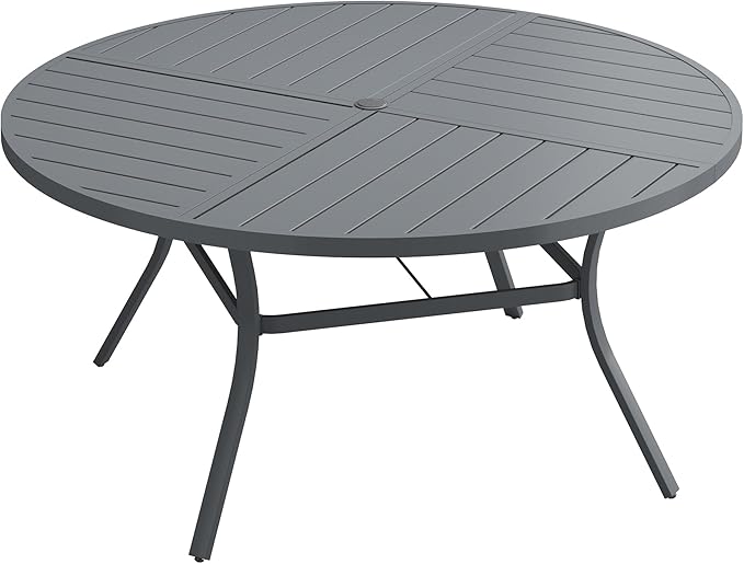 Patio Dining Table for 6, Round Metal Outdoor Table with Storage Shelf, 1.57" Umbrella Hole, 50" Outdoor Quartered Tabletop Dining Table for Backyard, Porch, Lawn, Dark Grey