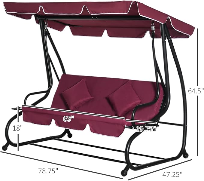 Outsunny 3-Seat Outdoor Patio Swing Chair, Converting Flatbed, Outdoor Swing Glider with Adjustable Canopy, Removable Cushion and Pillows, for Porch, Garden, Poolside, Backyard, Red
