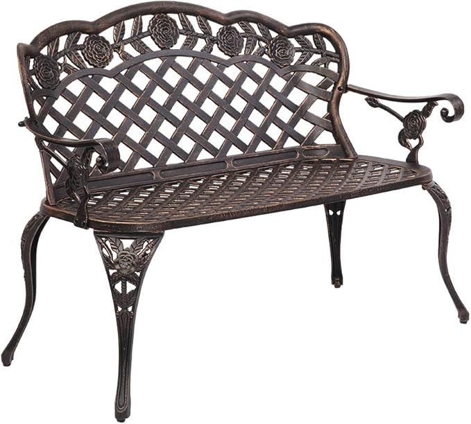 Ochine Patio Garden Bench Outdoor Furniture Metal Rose Loveseat Benches Cast Aluminum Front Porch Chair Seat Rose Carving Antique Bronze for Patio, Park, Lawn, Deck (Ship from USA)