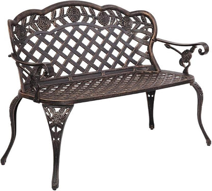 Ochine Patio Garden Bench Outdoor Furniture Metal Rose Loveseat Benches Cast Aluminum Front Porch Chair Seat Rose Carving Antique Bronze for Patio, Park, Lawn, Deck (Ship from USA)