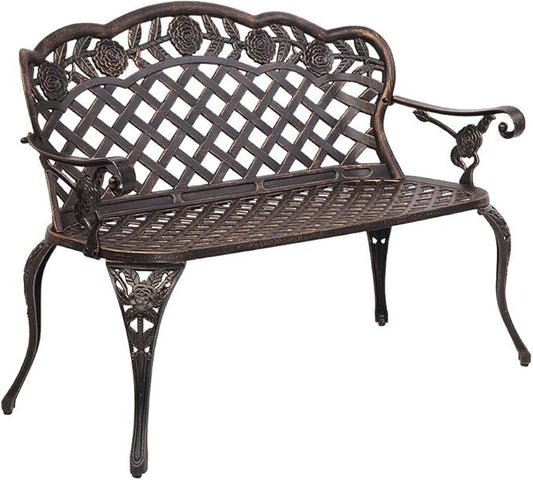Ochine Patio Garden Bench Outdoor Furniture Metal Rose Loveseat Benches Cast Aluminum Front Porch Chair Seat Rose Carving Antique Bronze for Patio, Park, Lawn, Deck (Ship from USA)