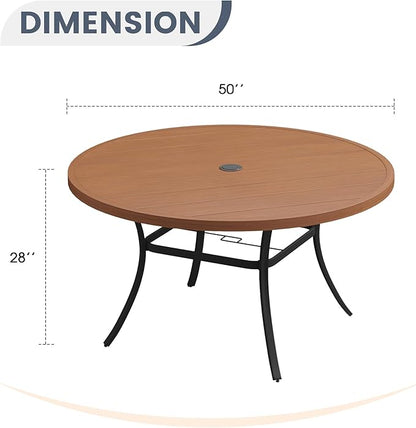 Patio Dining Table for 6-8, Round Metal Outdoor Table with 1.57" Umbrella Hole, 50" Outdoor Slat Tabletop Dining Table for Backyard, Porch, Lawn, Walnut