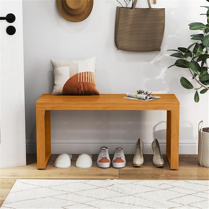Solid Acacia Wood Heavy Duty Outdoor Bench, Backless Garden Bench for Entryway Porch Yard, Natural Wood Seat, Teak Color Porch Bench Seating, Entryway Shoe Benchs, Mudroom Benchs, Poolside Seating