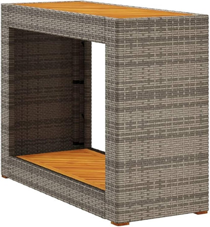 vidaXL Patio Side Table with Wooden Top - Gray & Brown - Poly Rattan - Garden/Backyard/Patio - 39.4"x15.7"x29.5" - Sturdy Powder-Coated Steel Frame
