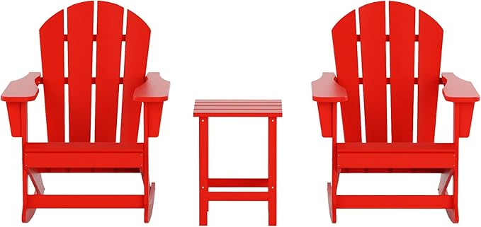 WO WESTIN OUTDOOR HDPE Laguna Outdoor Rocking Poly Adirondack Chair with Side Table 3-Piece Set, Red