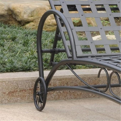 Bowery Hill Iron Patio Chaise Lounge, 73 in Long, Heavy Duty Frame, Antique Black Finish, 5-Position Adjustable, Wheels for Easy Transportation, Weather Resistant Modern Slatted Design Outdoor Lounger
