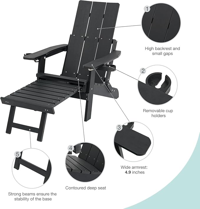 Mega Casa Poly Lumber Adirondack Chair with Cup Holders, Ottoman and Cushion, Adjustable Backrest, All-Weather Resistant HIPS Material, Wood-Like Pattern, Heavy Duty 700 LBS (Iron Black)