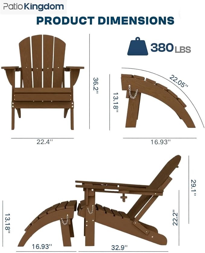 Brown 6-Piece Folding Adirondack Chair Set with Cup Holders, Ottomans, Side Table & Beige 9FT Patio Umbrella with Base, HDPE Outdoor Chairs