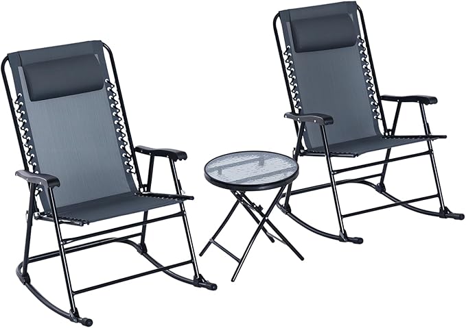 Outsunny 3 Piece Outdoor Rocking Bistro Set, Patio Folding Chair Table Set with Glass Coffee Table for Yard, Patio, Deck - Photo 1