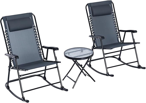 Outsunny 3 Piece Outdoor Rocking Bistro Set, Patio Folding Chair Table Set with Glass Coffee Table for Yard, Patio, Deck - Photo 1
